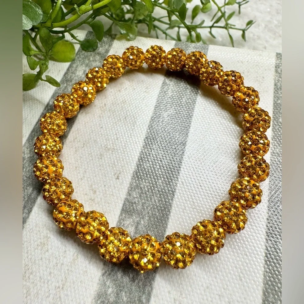 New Rustic MINI Gold Tone Crystal Ball 8mm Beaded Cuff Bracelet - 8”